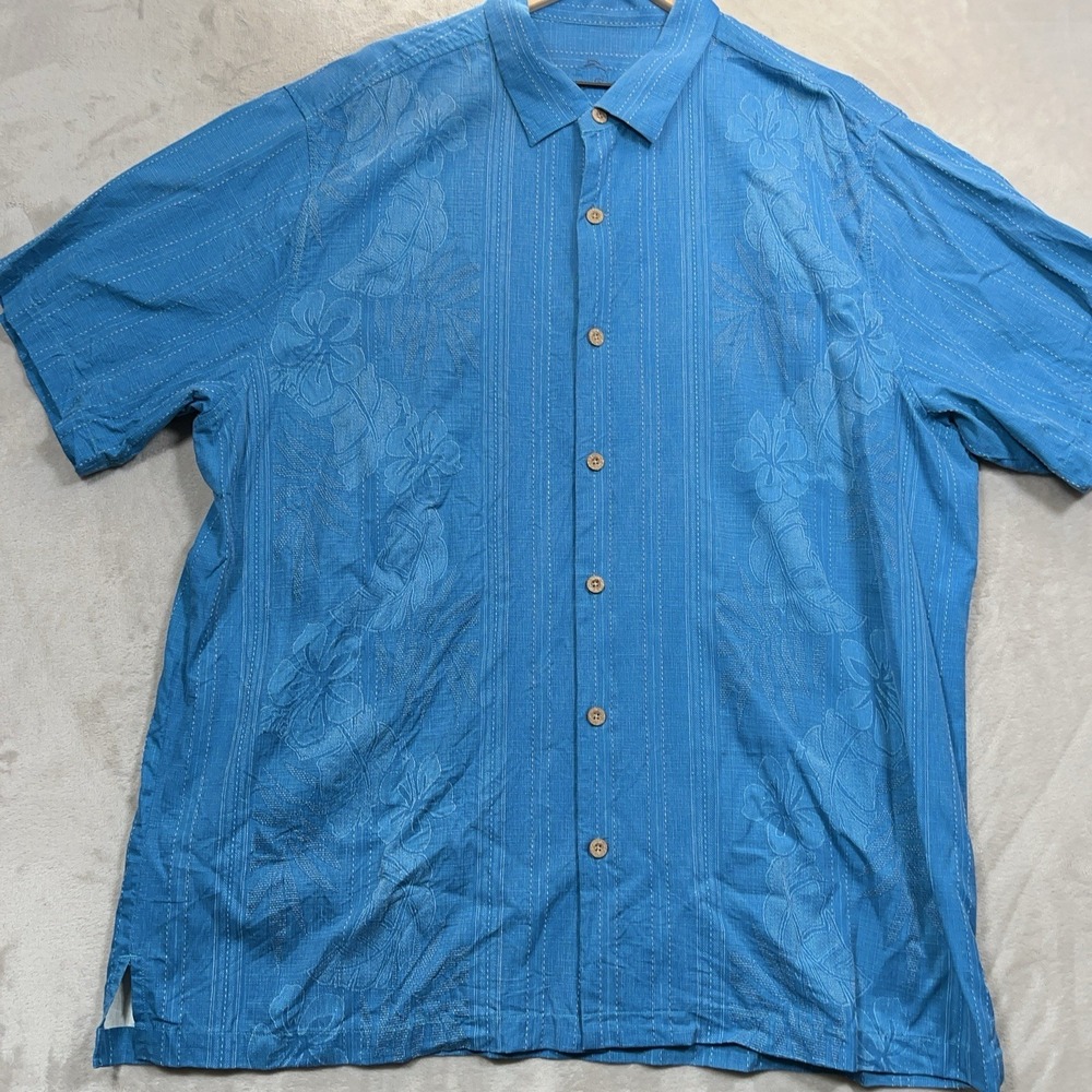 Tommy Bahama Shirt Mens 2XL Blue Bali Border Floral Jacquard 100% Silk Camp